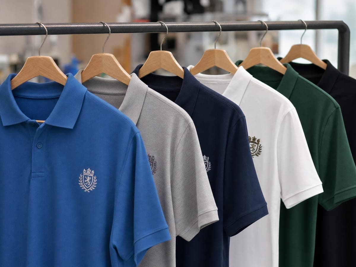 Embroidered corporate polo shirts on hangers with chest crests