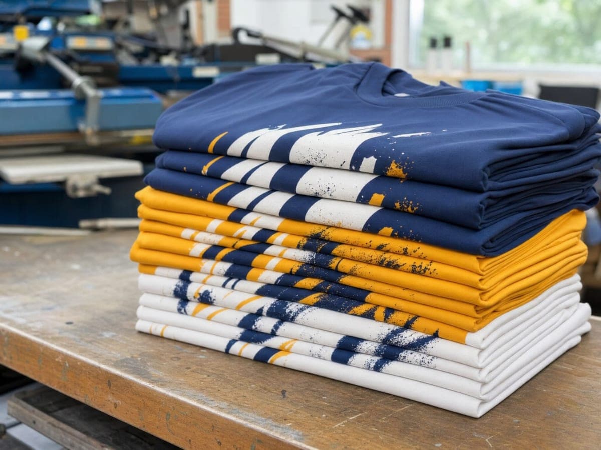 Stack of folded custom screen-printed team t-shirts in coordinated colors